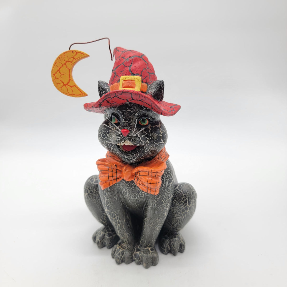 Halloween Black Cat in Moon Witch Hat Figure