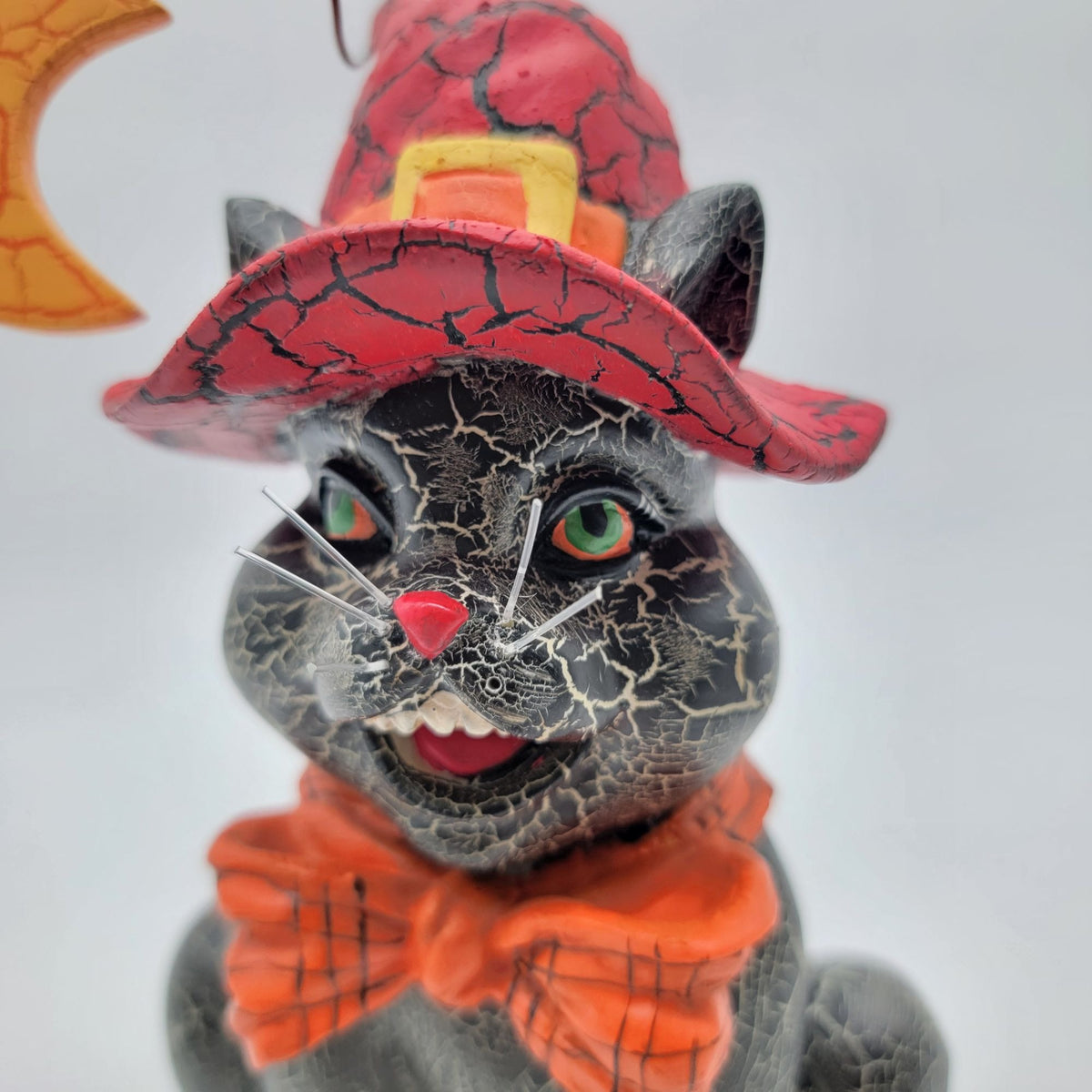 Halloween Black Cat in Moon Witch Hat Figure
