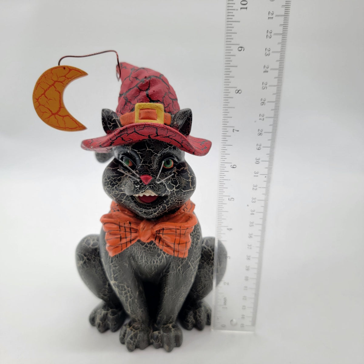 Halloween Black Cat in Moon Witch Hat Figure