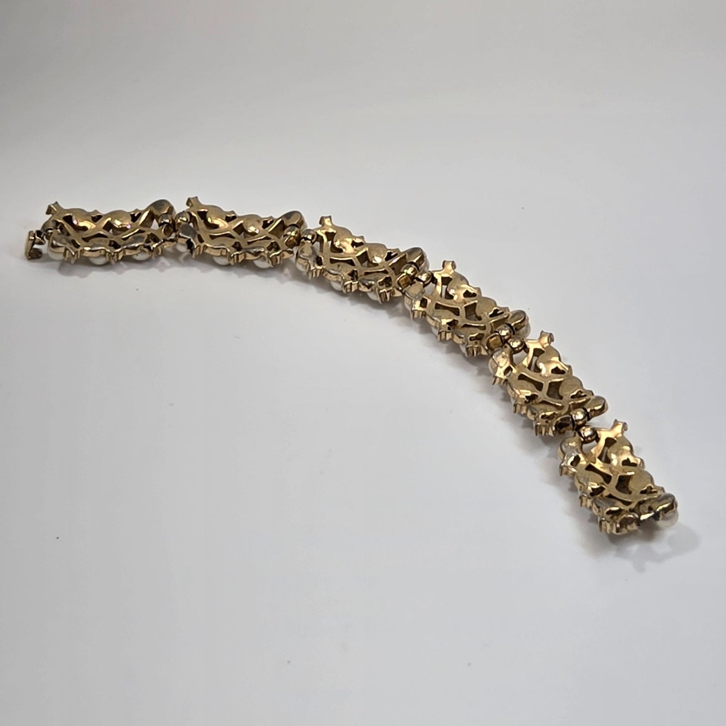 Vintage Crown Trifari Faux Pearl Rhinestone Bracelet 6.75" AS FOUND