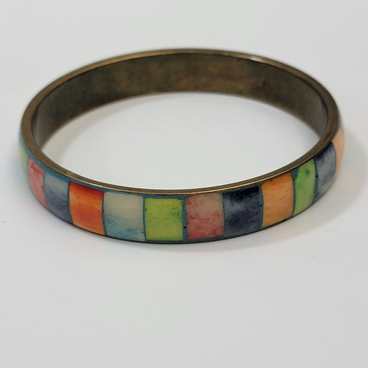 Vintage Multicolor Inlaid Dyed Shell Bangle Bracelet