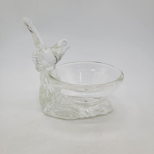 Vintage Clear Glass Bird On Bird Bath Trinket Bowl