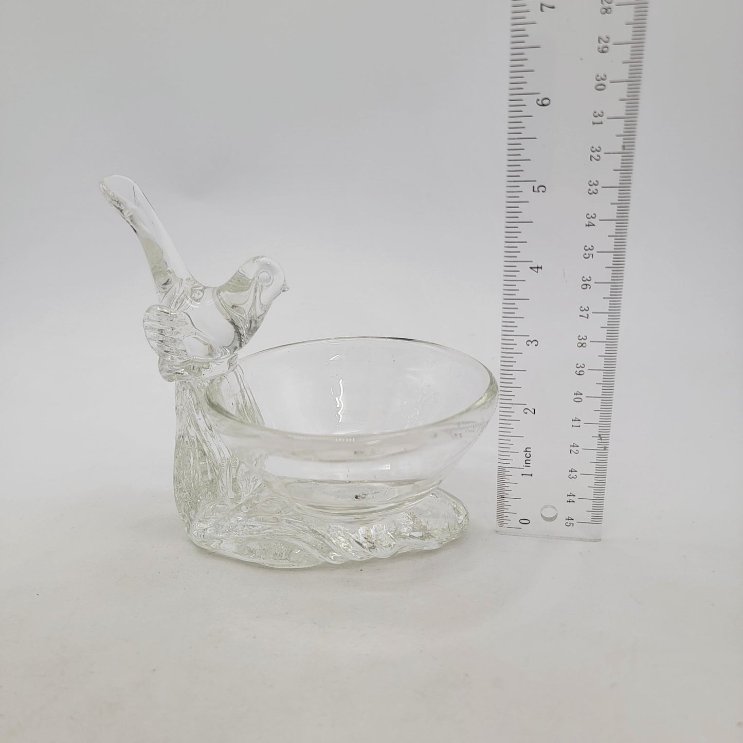 Vintage Clear Glass Bird On Bird Bath Trinket Bowl