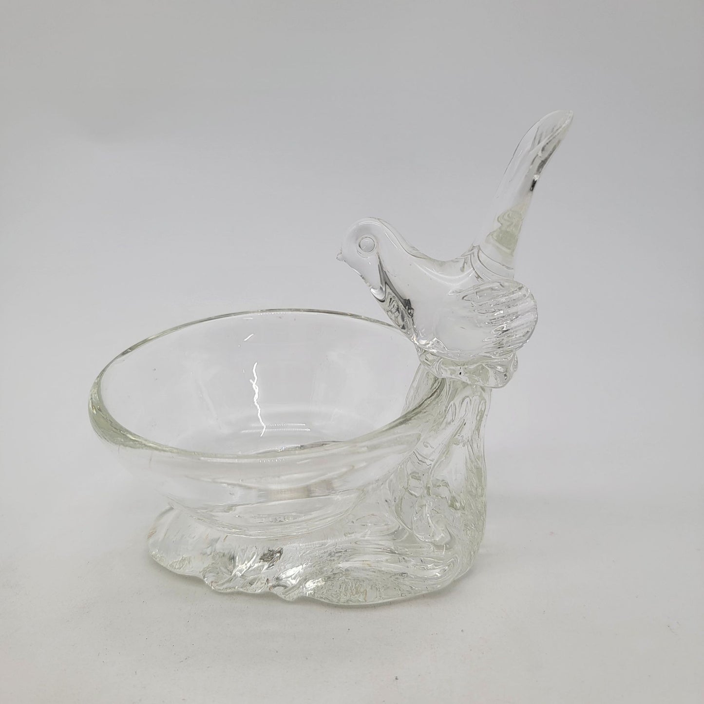 Vintage Clear Glass Bird On Bird Bath Trinket Bowl