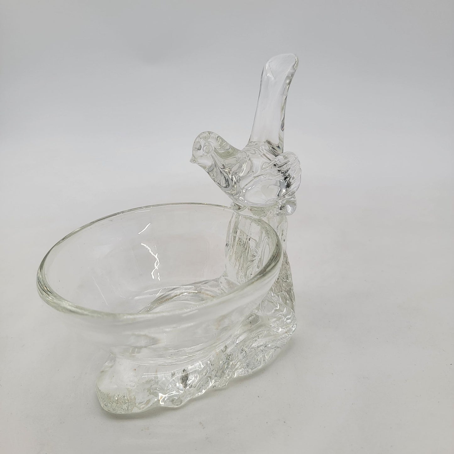 Vintage Clear Glass Bird On Bird Bath Trinket Bowl