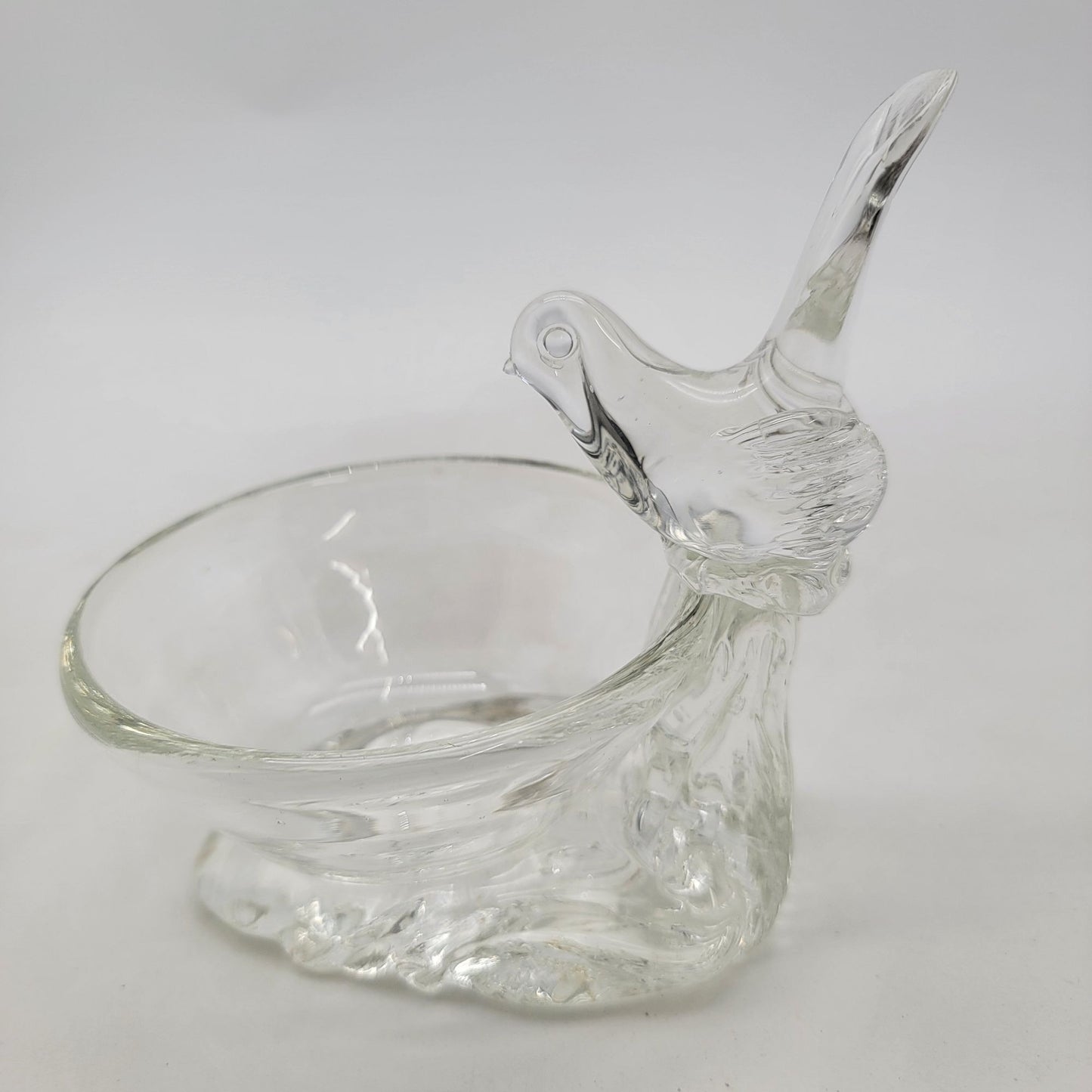 Vintage Clear Glass Bird On Bird Bath Trinket Bowl