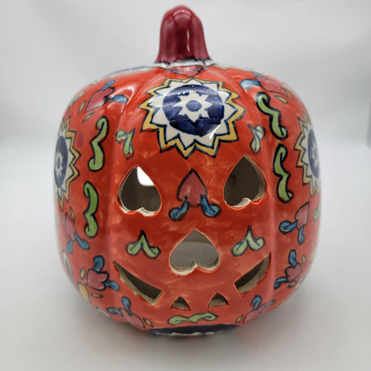 Extra Large Pumpkin Candle Holder Talavera Style Jack O Lantern 11"