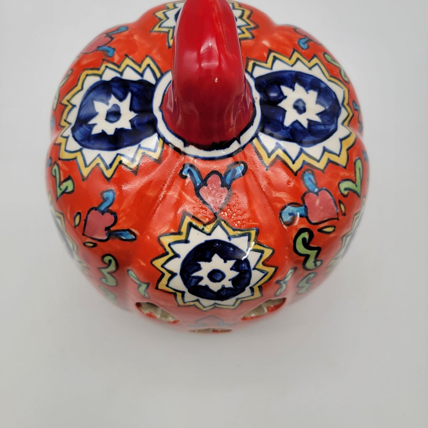 Extra Large Pumpkin Candle Holder Talavera Style Jack O Lantern 11"