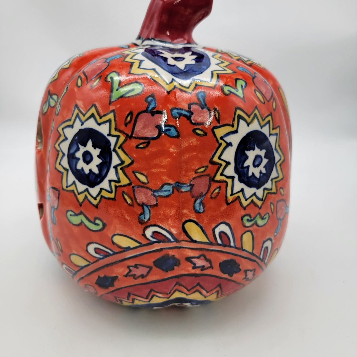 Extra Large Pumpkin Candle Holder Talavera Style Jack O Lantern 11"