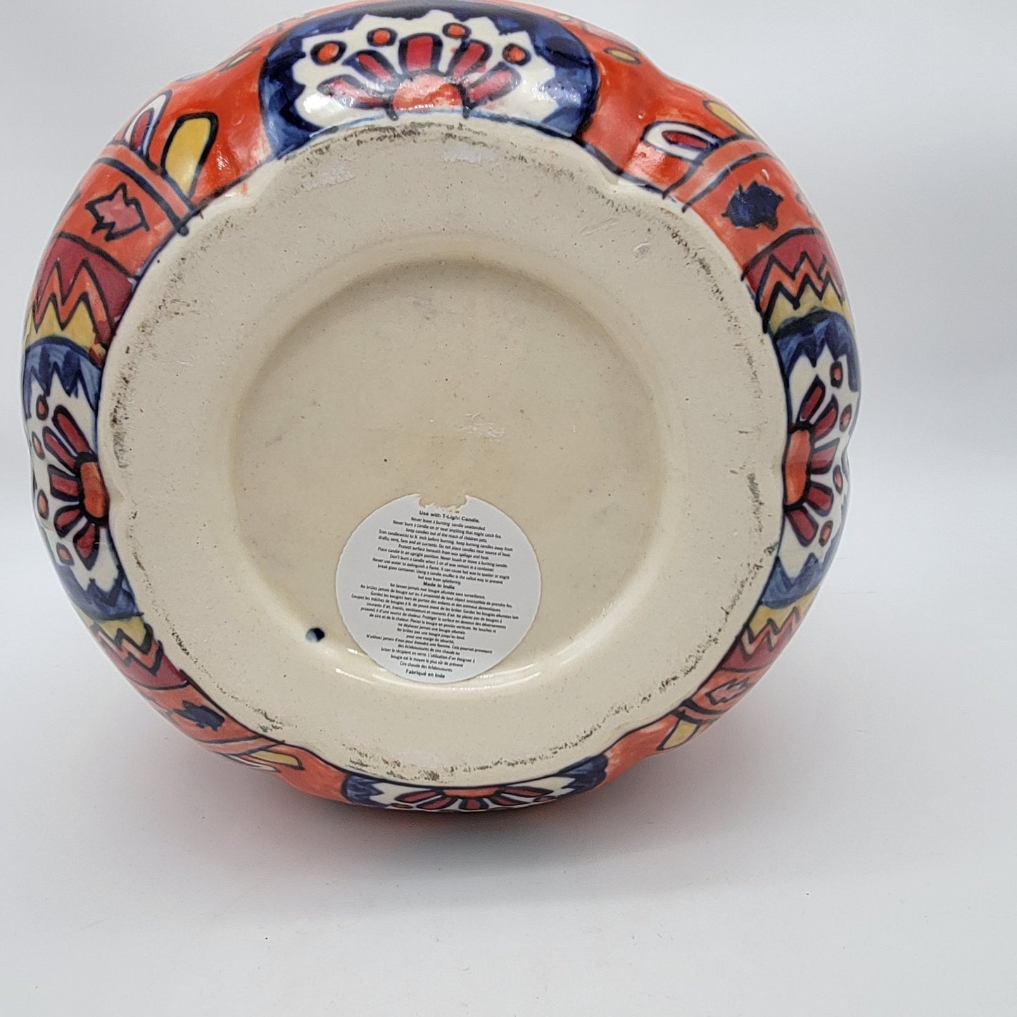 Extra Large Pumpkin Candle Holder Talavera Style Jack O Lantern 11"