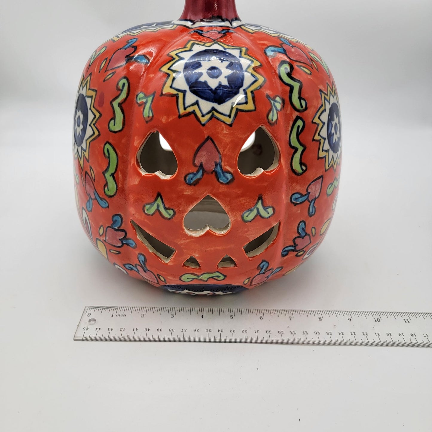 Extra Large Pumpkin Candle Holder Talavera Style Jack O Lantern 11"