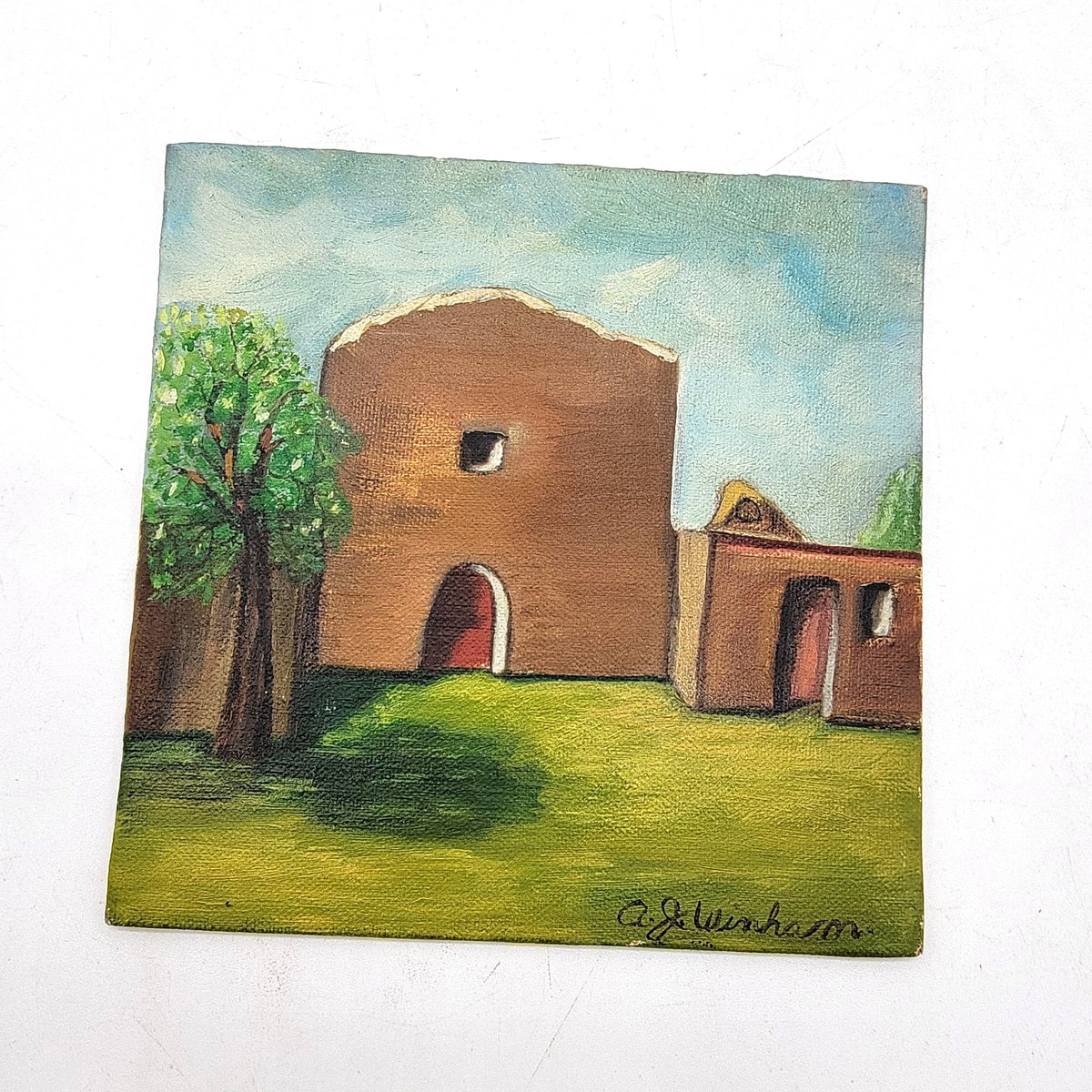 Vintage Adobe Spanish Mission Church Original Painting On Board A.J. Winham