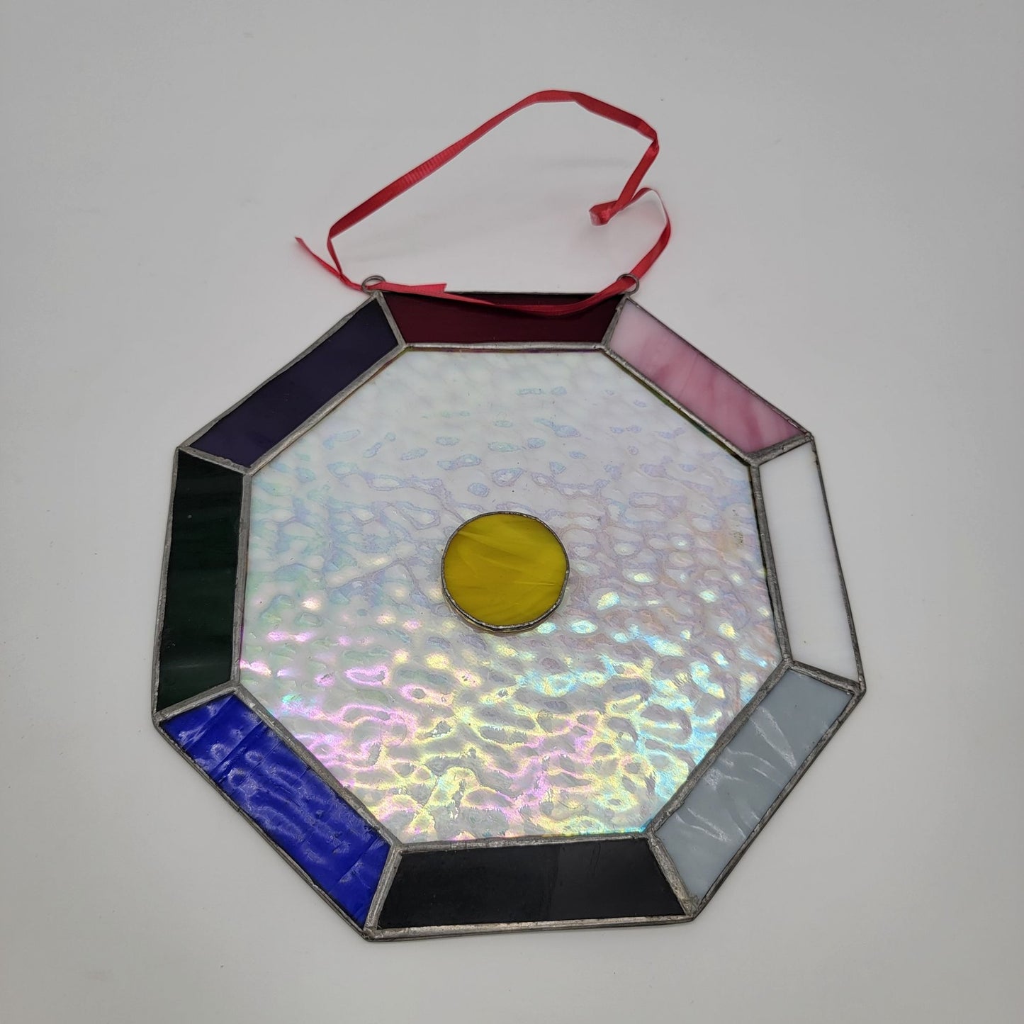 Octagonal Stained Glass Large Sun Catcher With Multicolor Panels & Central Yellow Circle