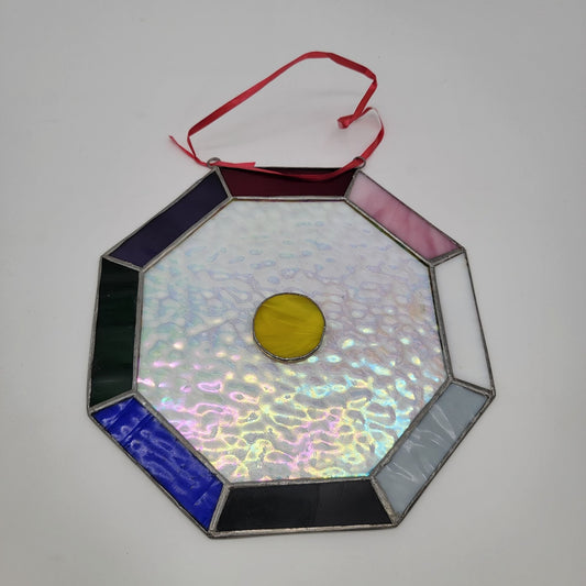 Octagonal Stained Glass Large Sun Catcher With Multicolor Panels & Central Yellow Circle