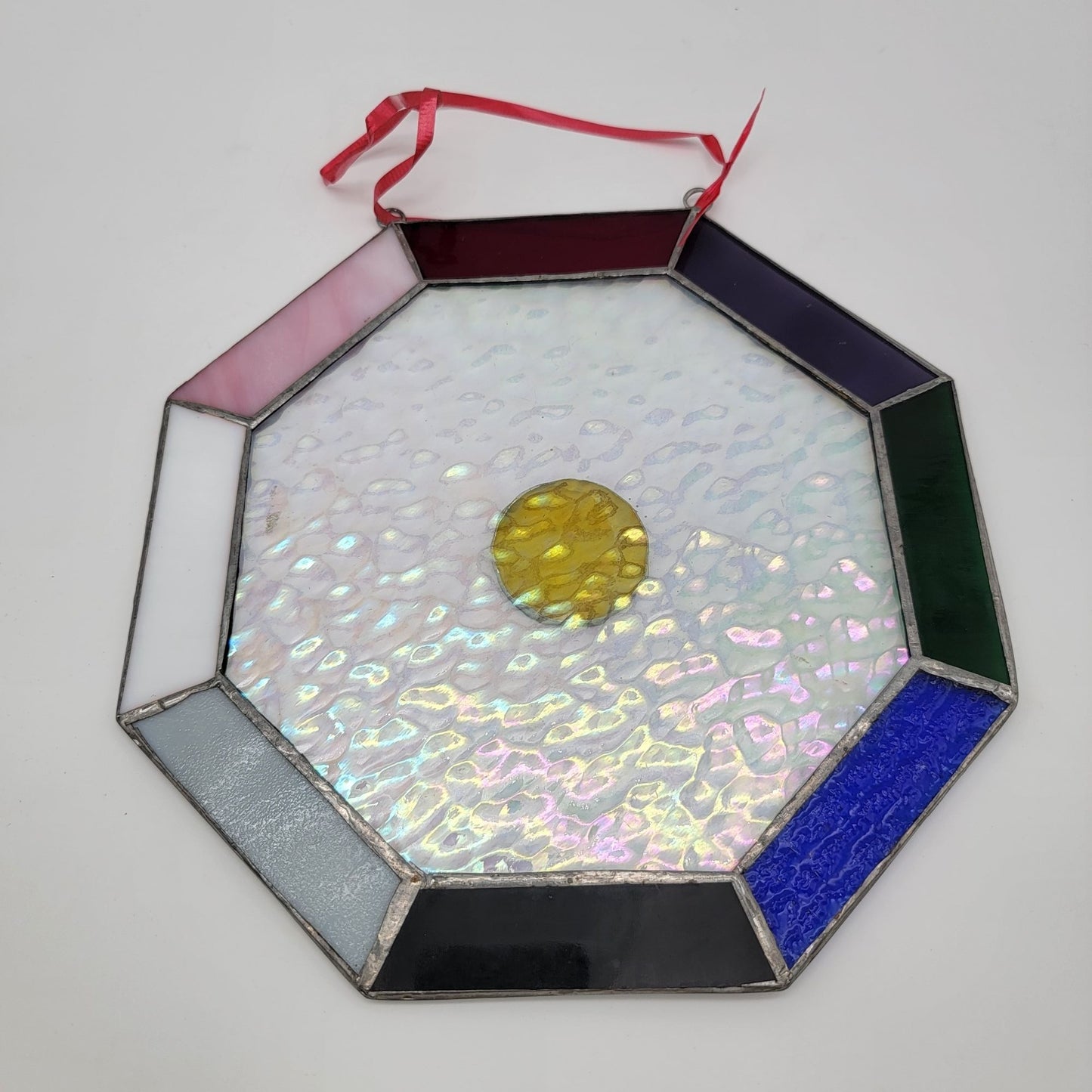 Octagonal Stained Glass Large Sun Catcher With Multicolor Panels & Central Yellow Circle