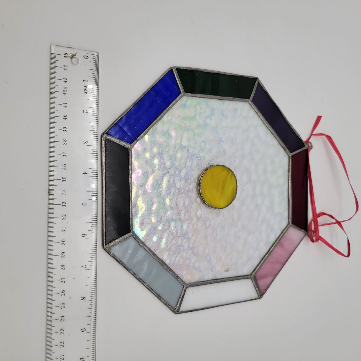 Octagonal Stained Glass Large Sun Catcher With Multicolor Panels & Central Yellow Circle