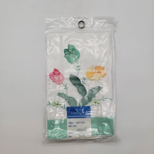 Pair of Vintage New Old Stock Hand Embroidered Applique Pillowcases Tulips