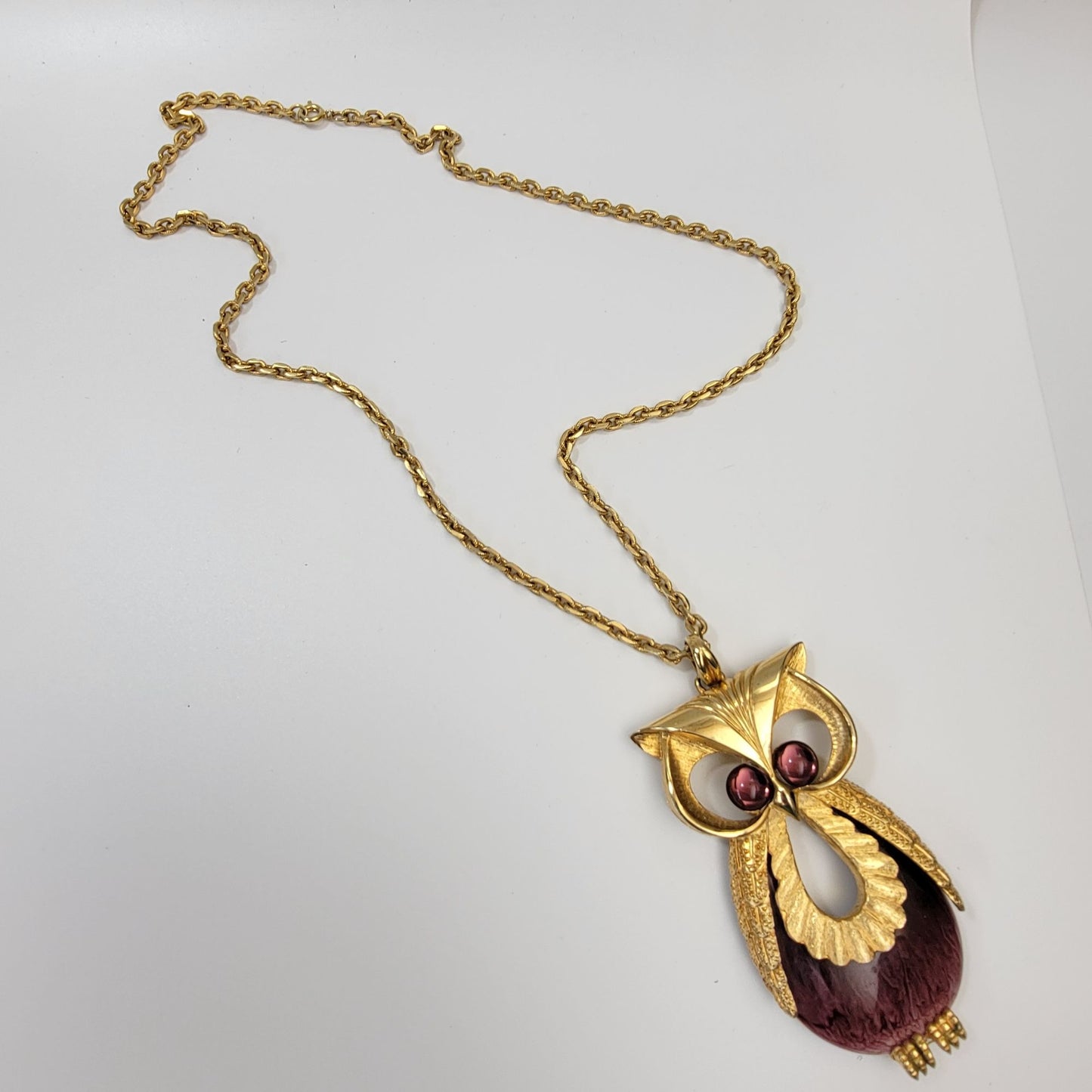 Vintage Purple Lucite Jelly-Belly Owl Pendant Necklace Purple