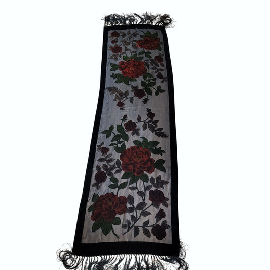 Vintage Burnout Velvet Long Scarf Shawl With Rose Motif & Fringe