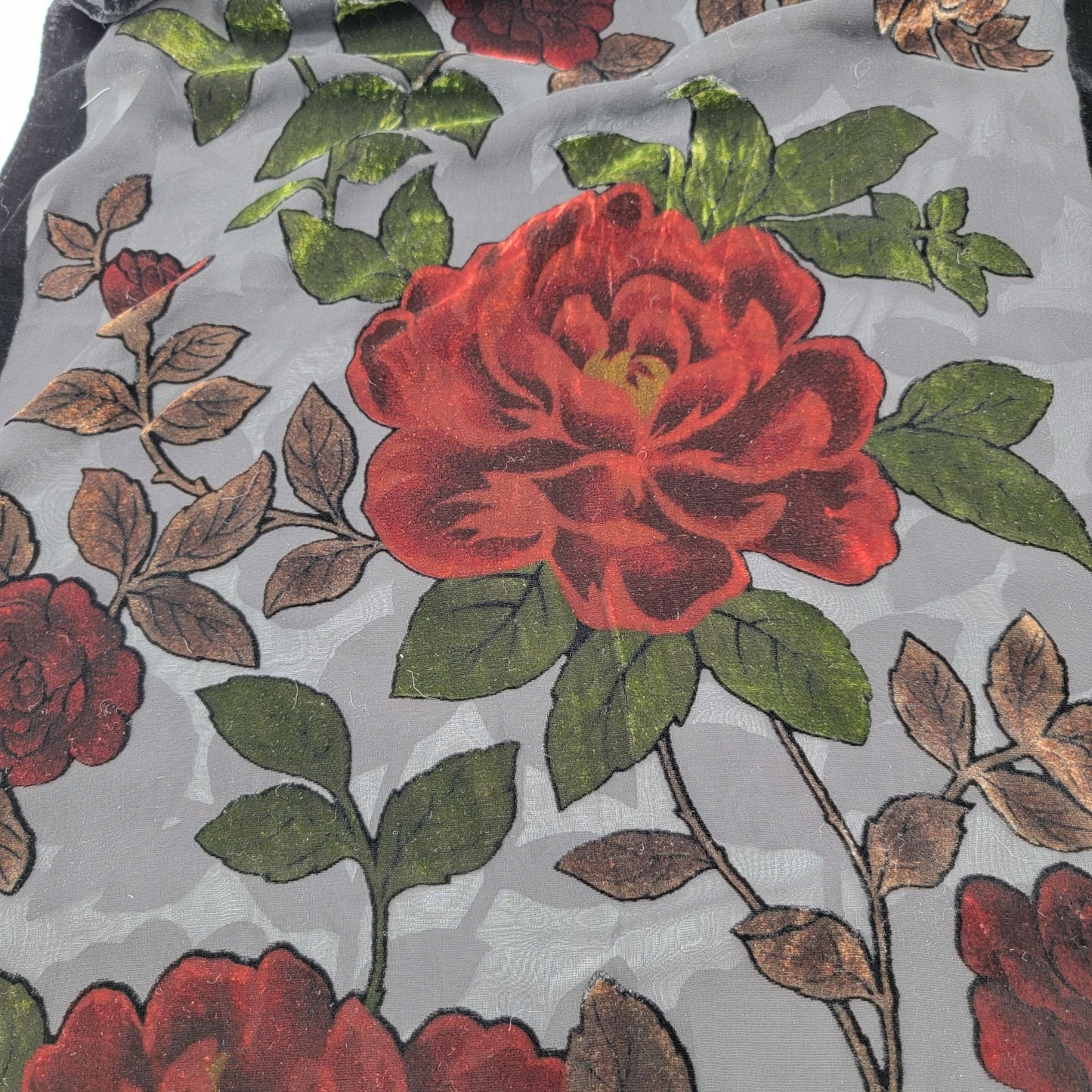 Vintage Burnout Velvet Long Scarf Shawl With Rose Motif & Fringe