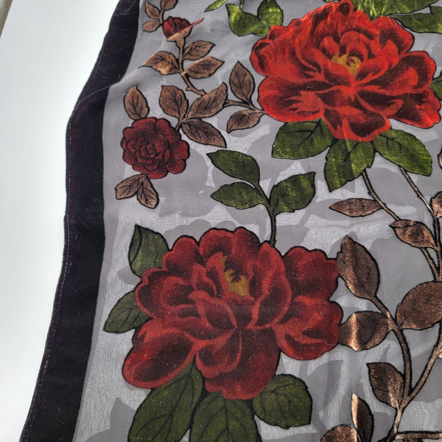 Vintage Burnout Velvet Long Scarf Shawl With Rose Motif & Fringe