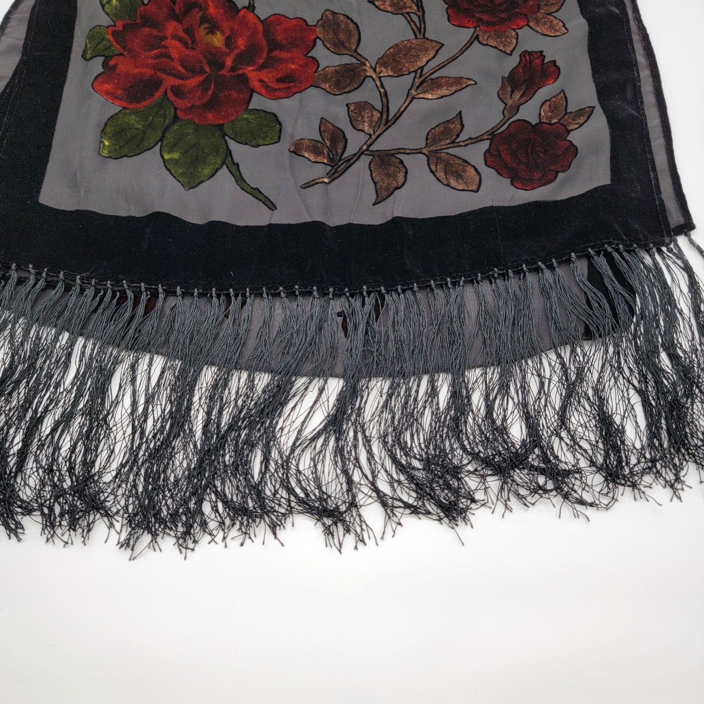 Vintage Burnout Velvet Long Scarf Shawl With Rose Motif & Fringe