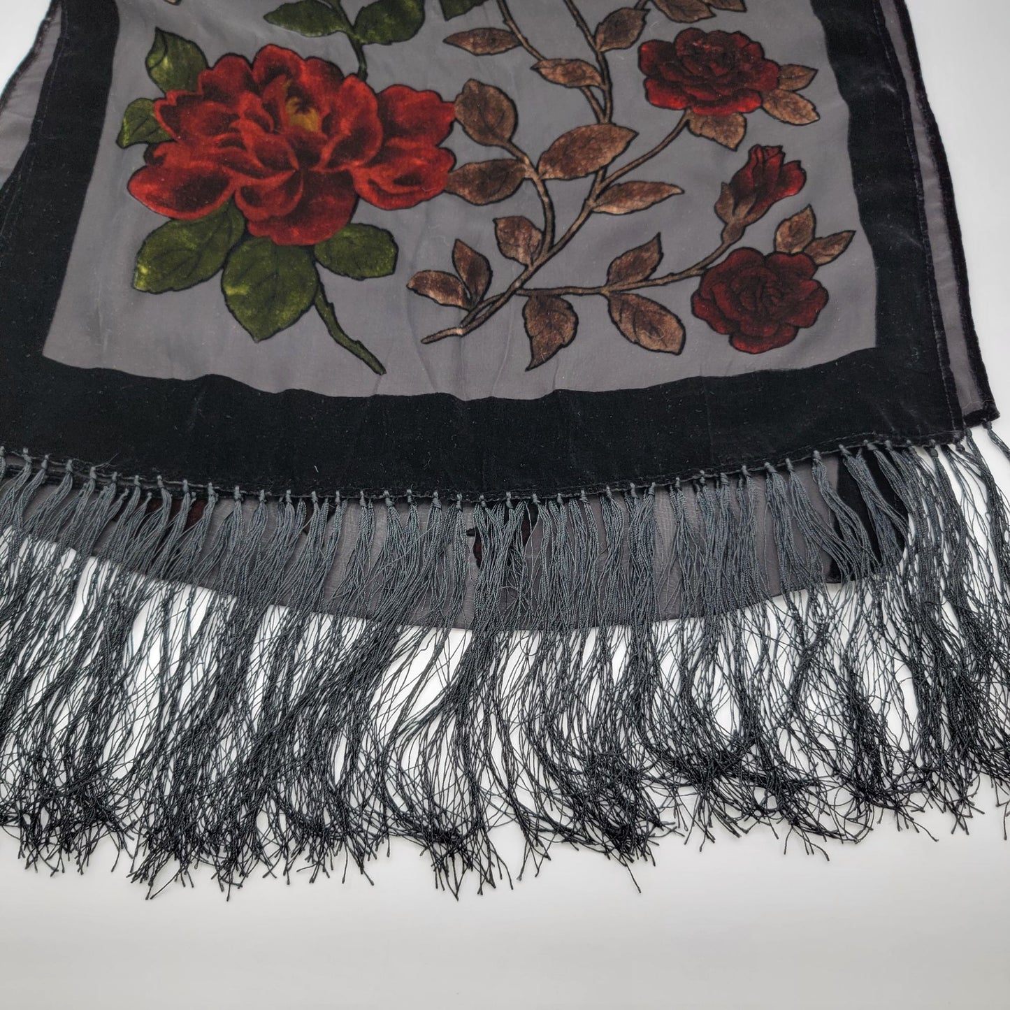Vintage Burnout Velvet Long Scarf Shawl With Rose Motif & Fringe