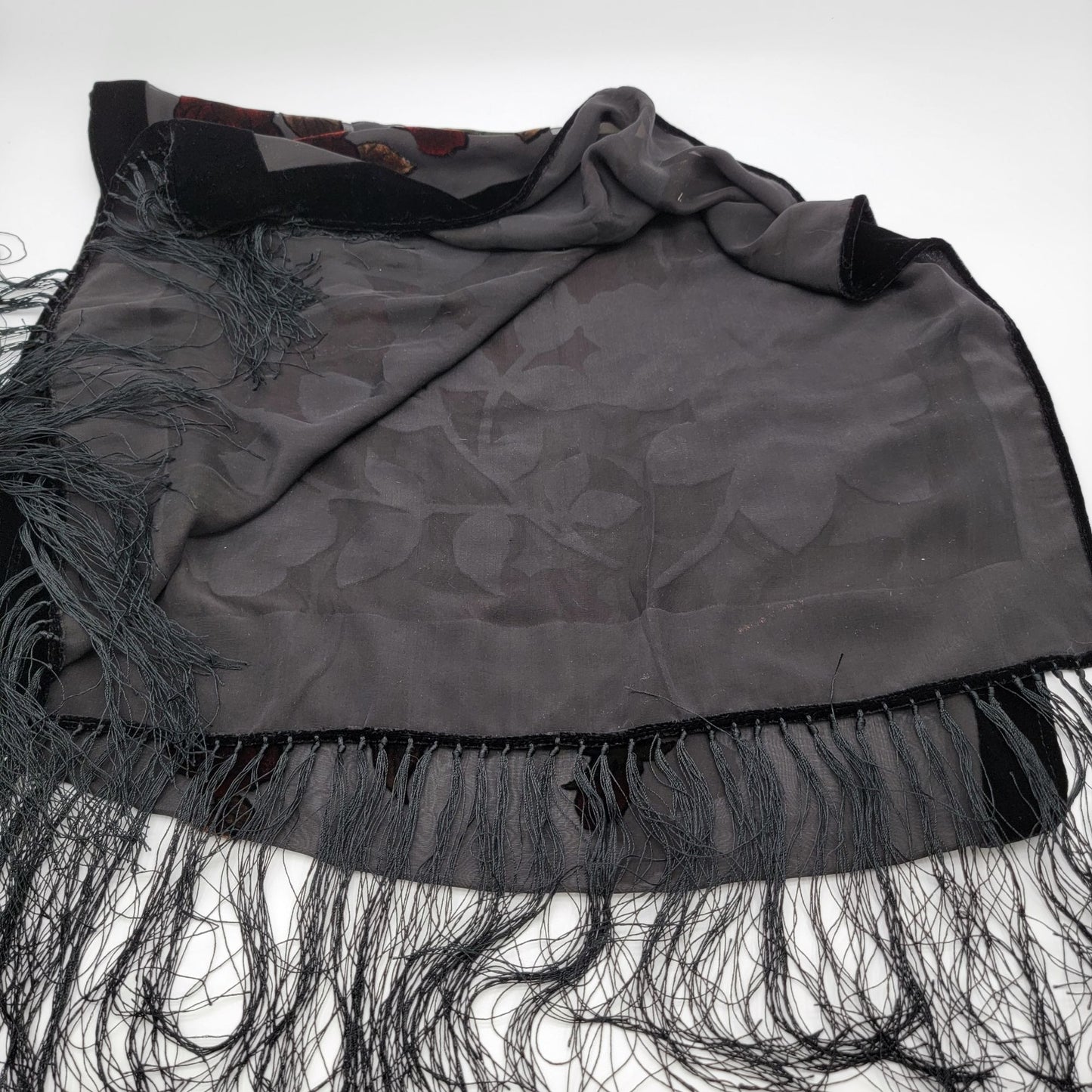 Vintage Burnout Velvet Long Scarf Shawl With Rose Motif & Fringe