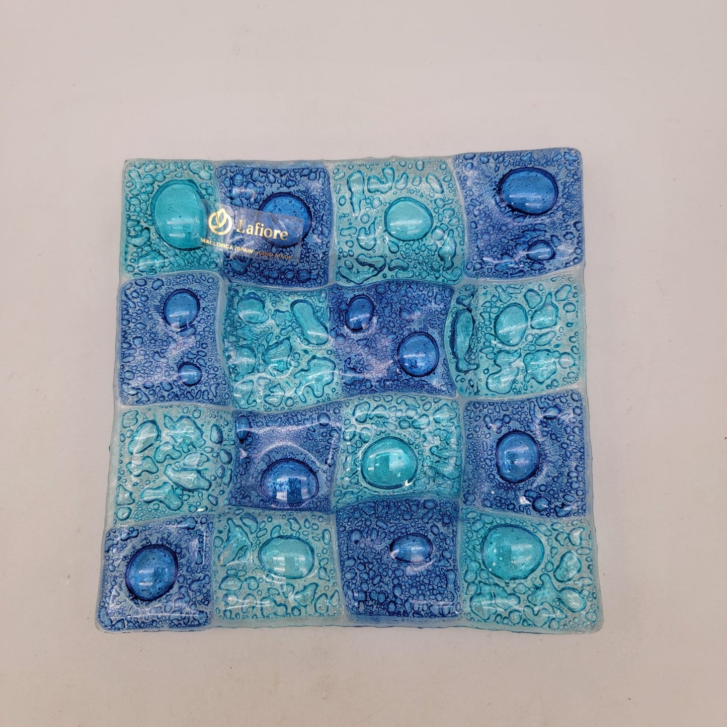 Lafiore Fused Art Glass Blue Square Dish Sculpture Handmade In Spain