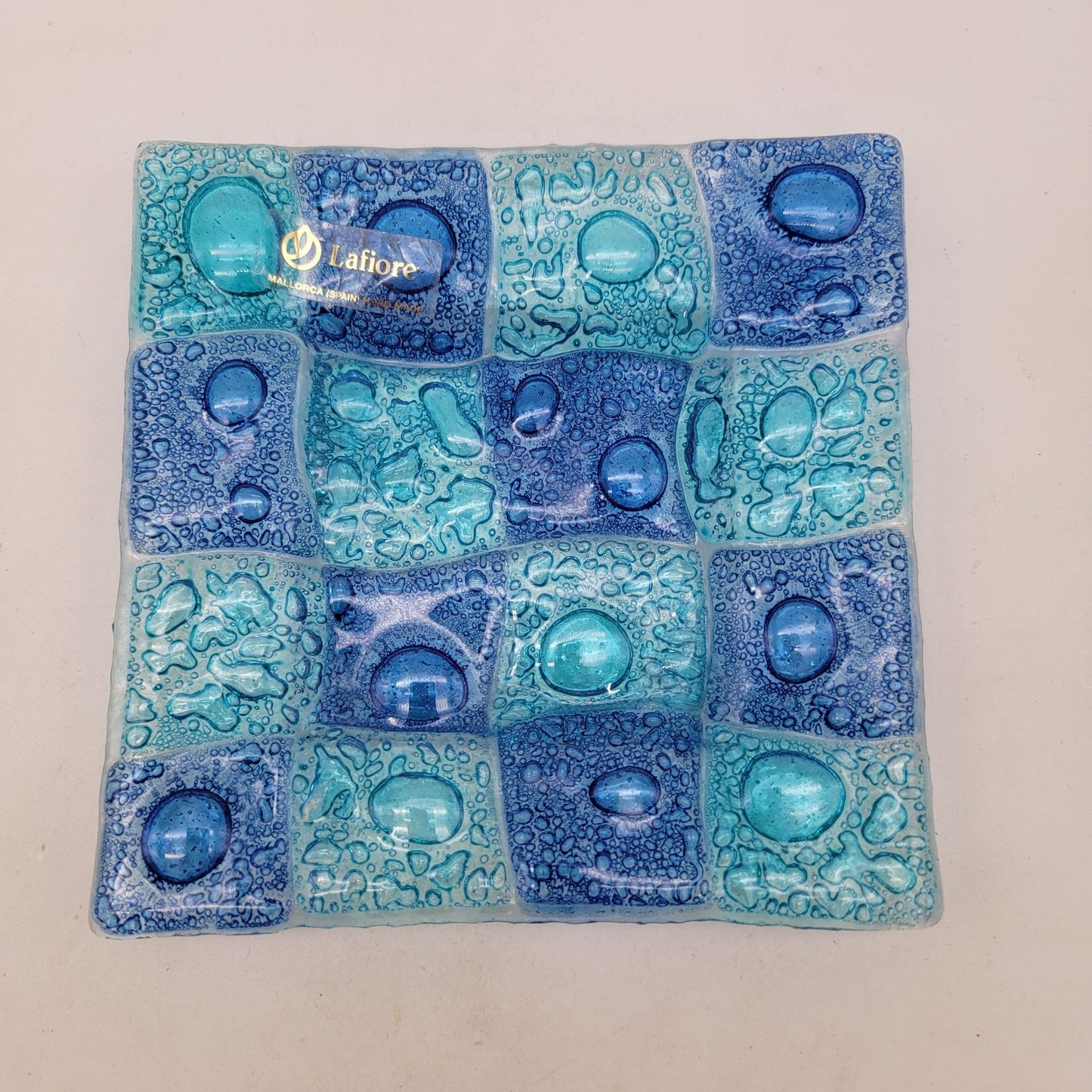 Lafiore Fused Art Glass Blue Square Dish Sculpture Handmade In Spain