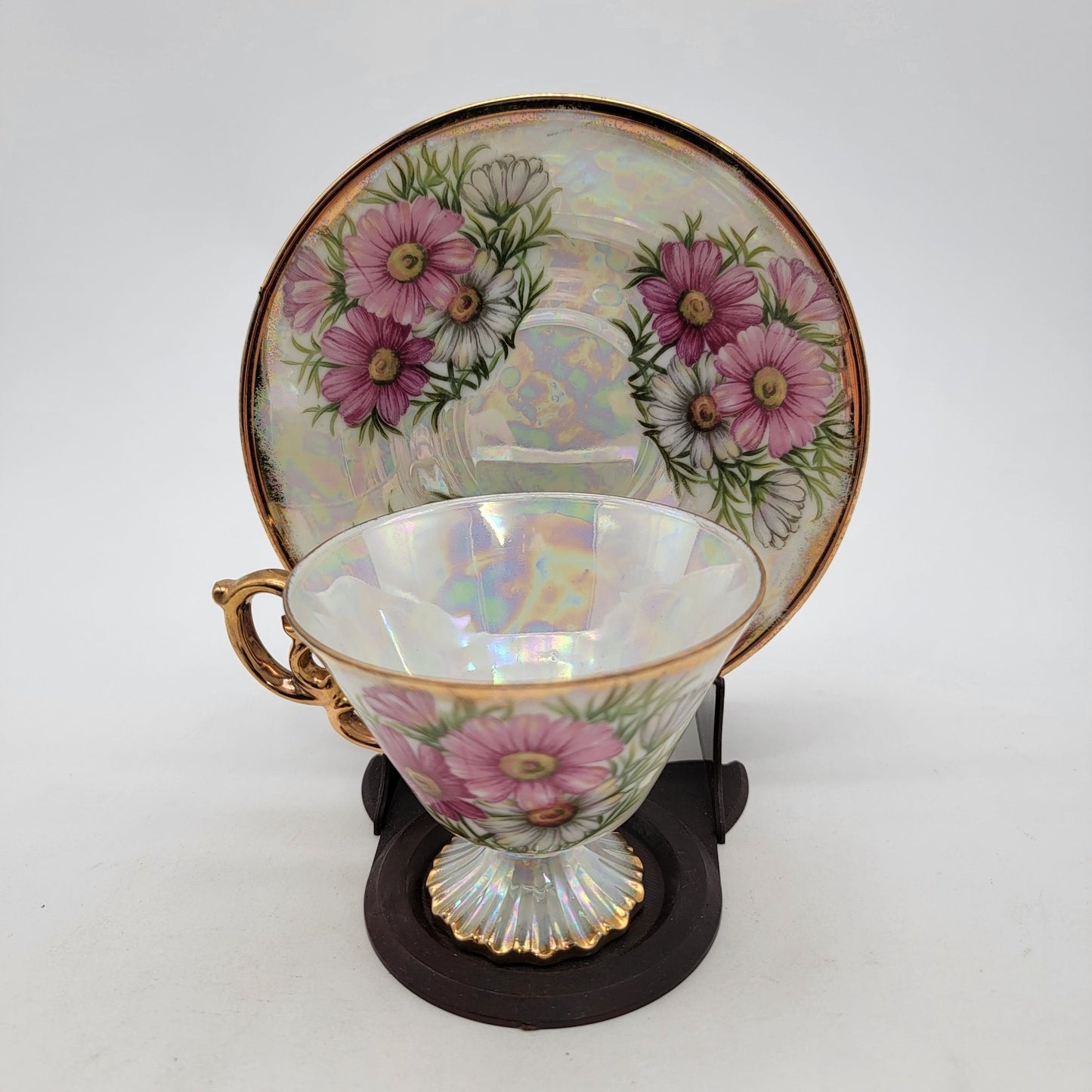 Vintage Norleans September Aster Teacup and Saucer Lusterware Porcelain