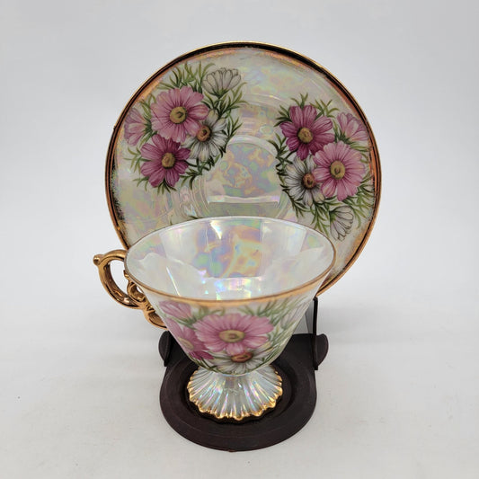 Vintage Norleans September Aster Teacup and Saucer Lusterware Porcelain