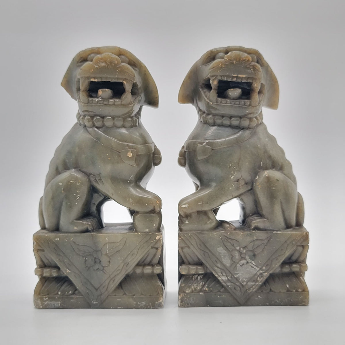 Chinese Carved Jade Foo Dog Statues Pair - As Found