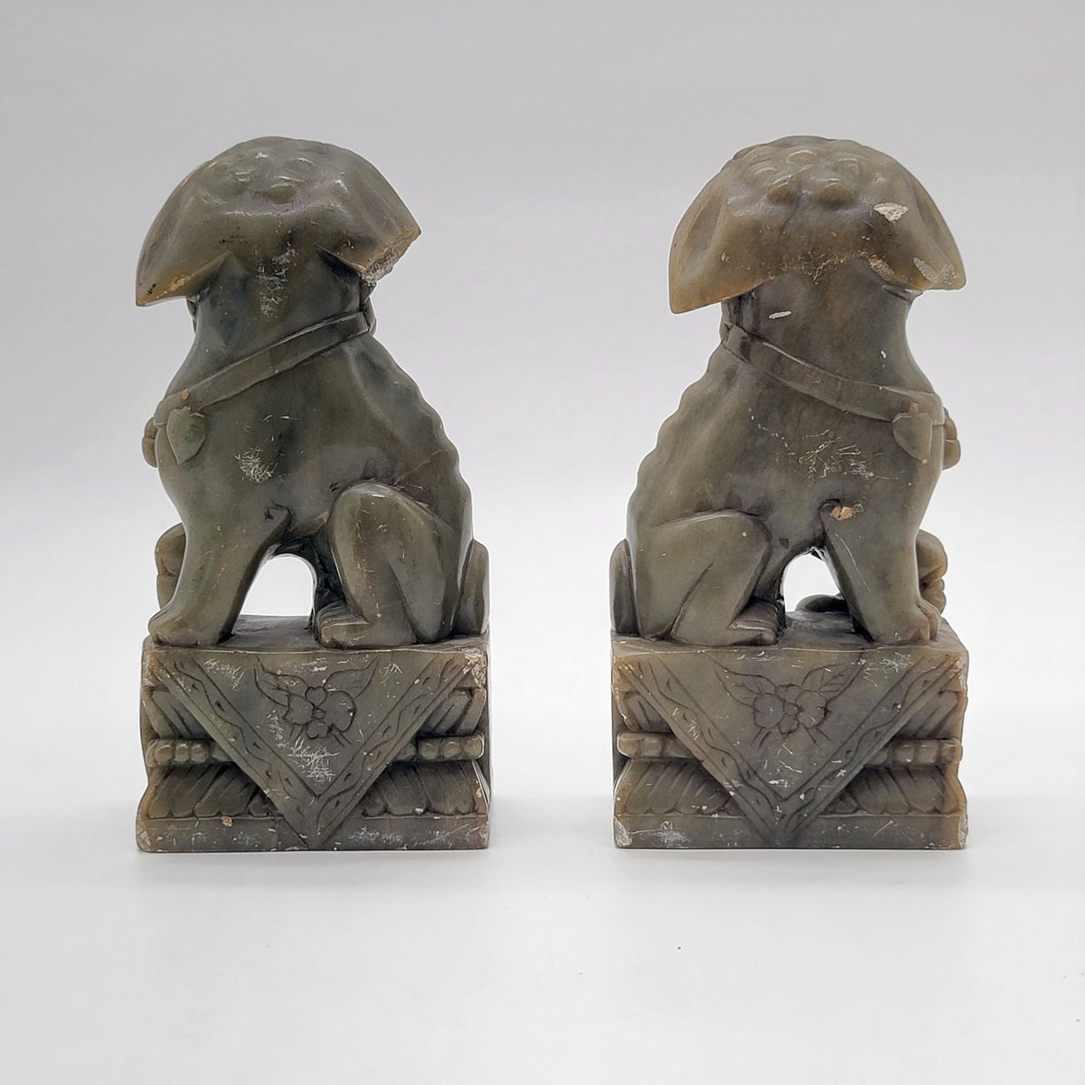Chinese Carved Jade Foo Dog Statues Pair - As Found
