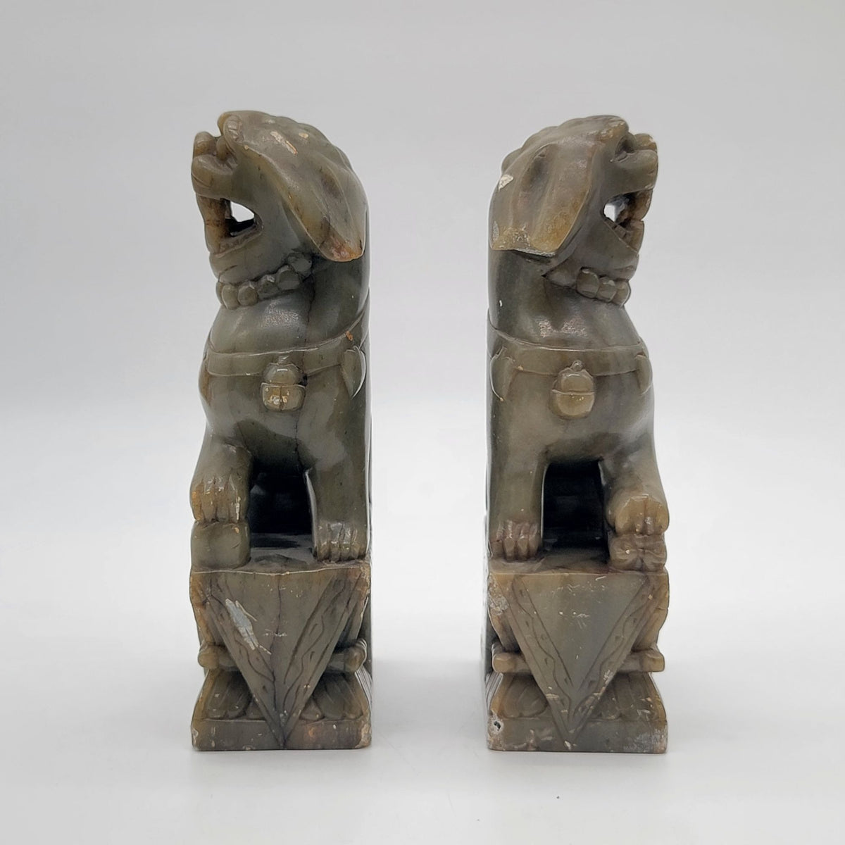 Chinese Carved Jade Foo Dog Statues Pair - As Found
