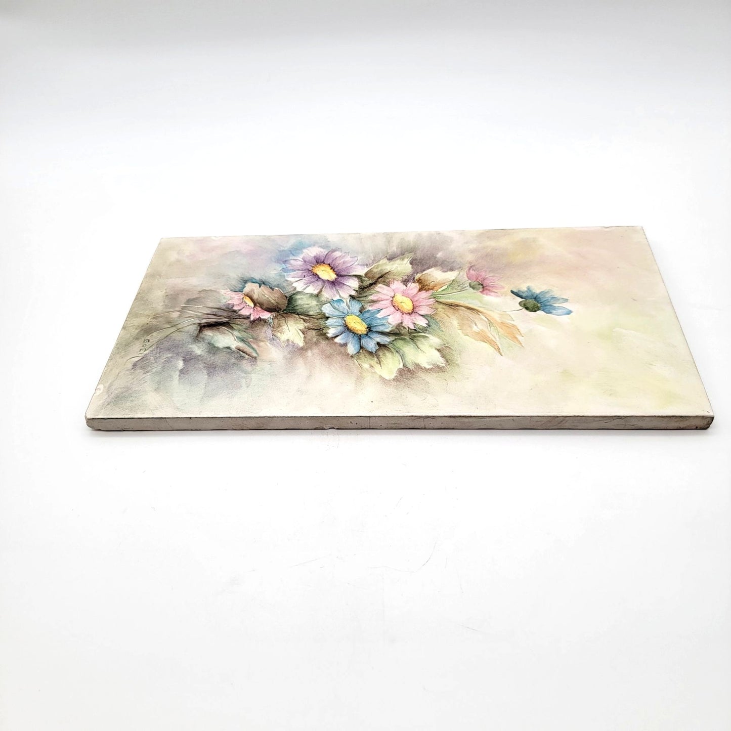 Vintage Handpainted Tile With Pastel Daisies Signed By Bosh