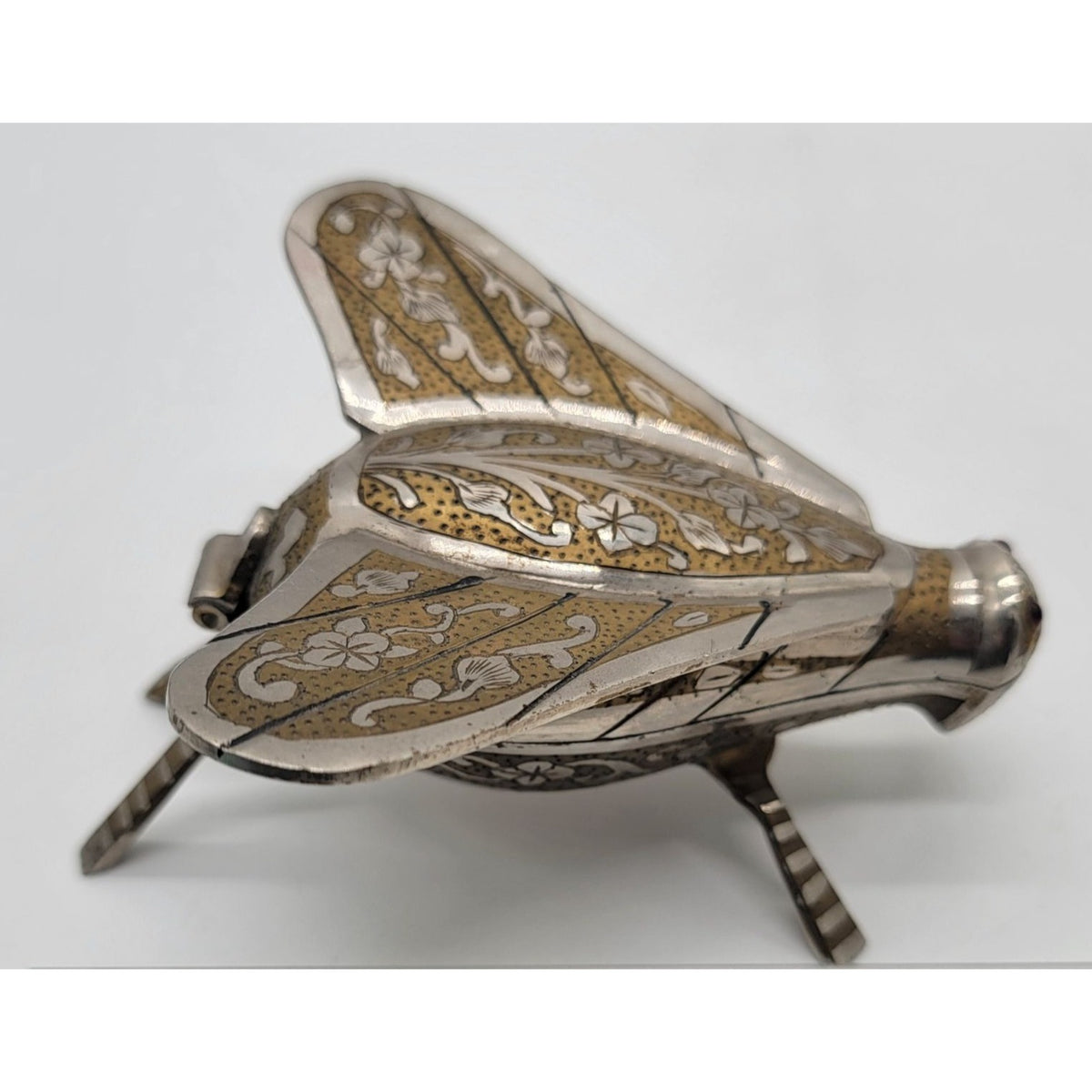 1960s Cicada Fly Musical Box Ashtray Engraved Brass and Silver Plate