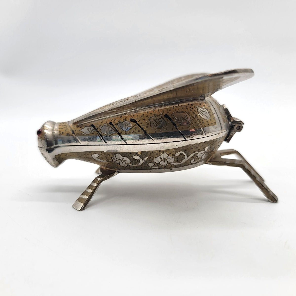 1960s Cicada Fly Musical Box Ashtray Engraved Brass and Silver Plate