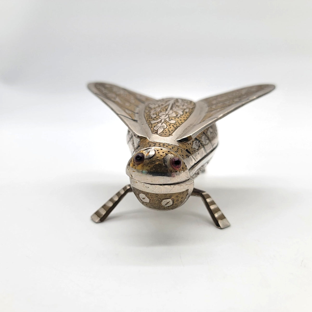 1960s Cicada Fly Musical Box Ashtray Engraved Brass and Silver Plate
