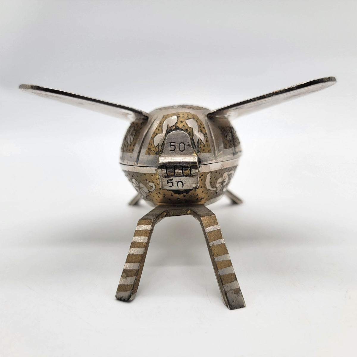 1960s Cicada Fly Musical Box Ashtray Engraved Brass and Silver Plate