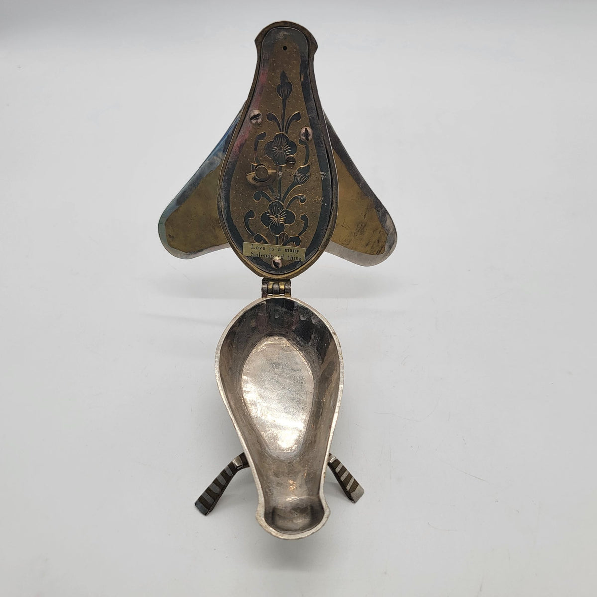1960s Cicada Fly Musical Box Ashtray Engraved Brass and Silver Plate