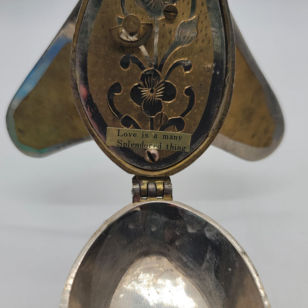 1960s Cicada Fly Musical Box Ashtray Engraved Brass and Silver Plate