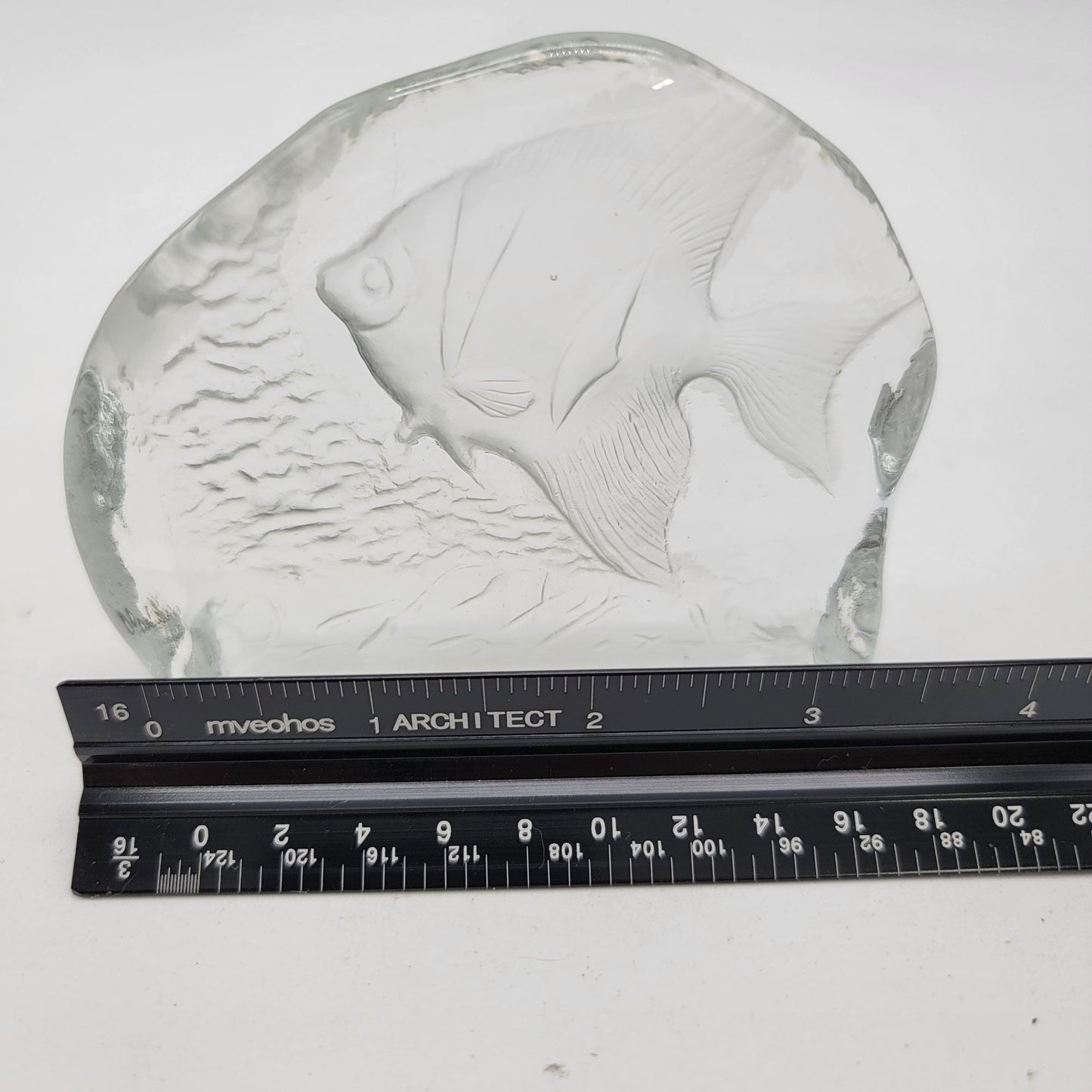Intaglio Reverse Carved Angel Fish Clear Glass Paperweight