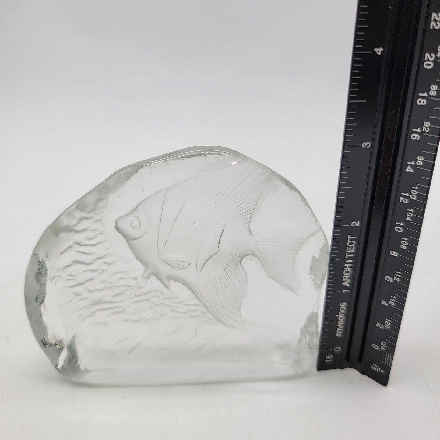 Intaglio Reverse Carved Angel Fish Clear Glass Paperweight