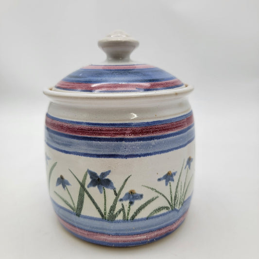 Handcrafted Pottery Lidded Jar With Floral & Striped Design
