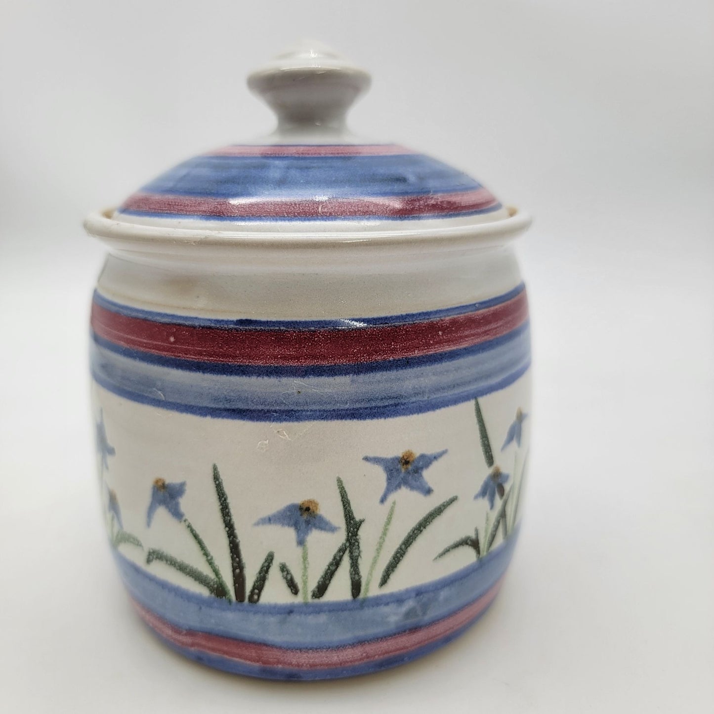 Handcrafted Pottery Lidded Jar With Floral & Striped Design