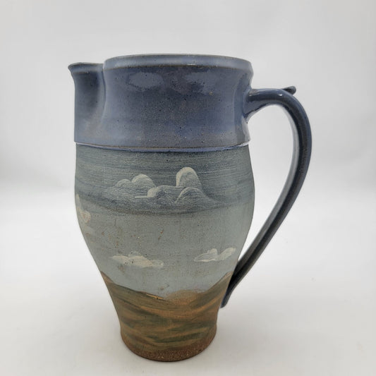 Vintage Handcrafted Pottery Pitcher With Scenic Landscape Design Signed G Tyson