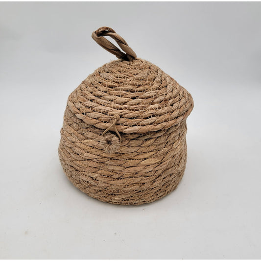 Handwoven Straw Beehive Basket With Lid