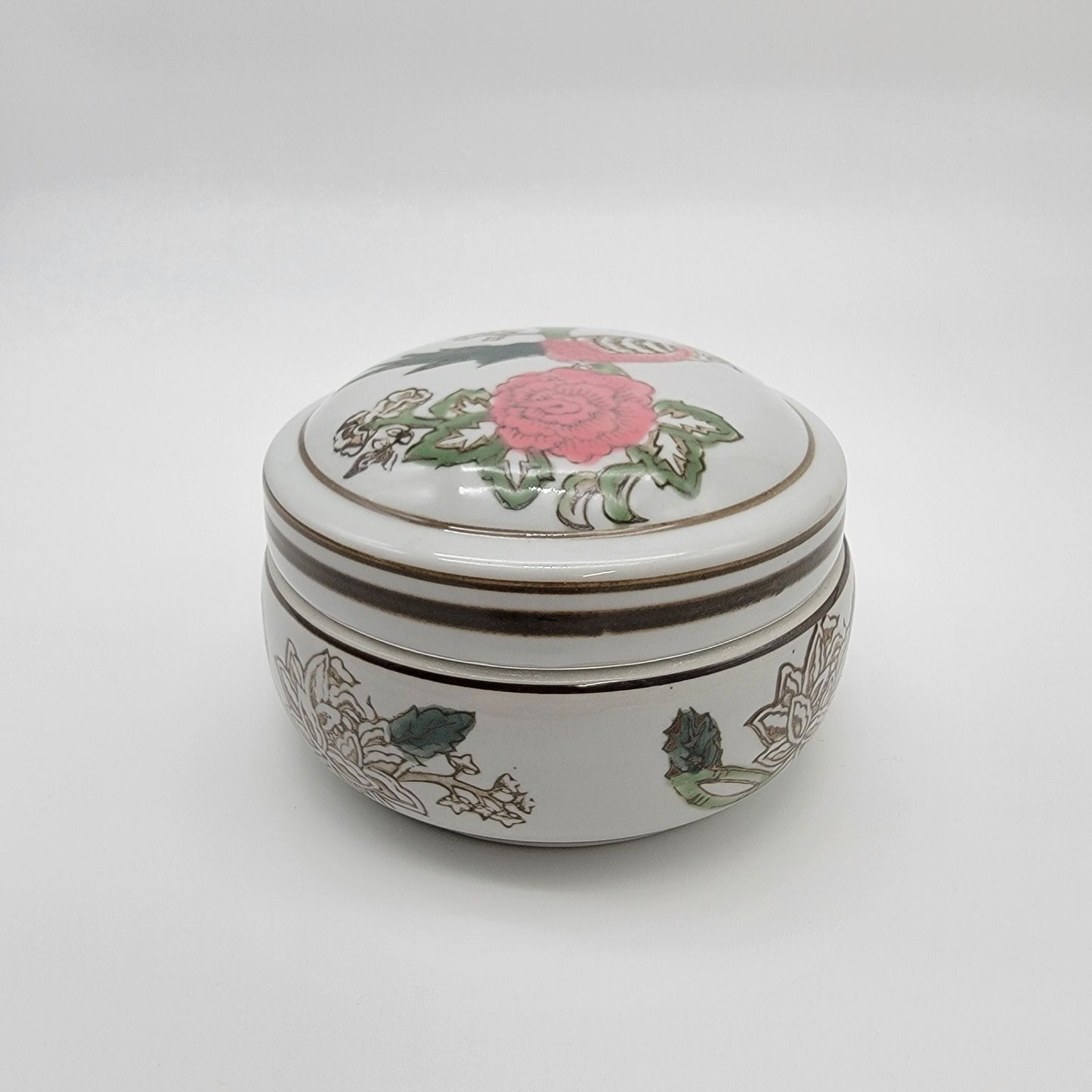 Chinoisorie Style Porcelain Trinket Box Pink Bird NEW