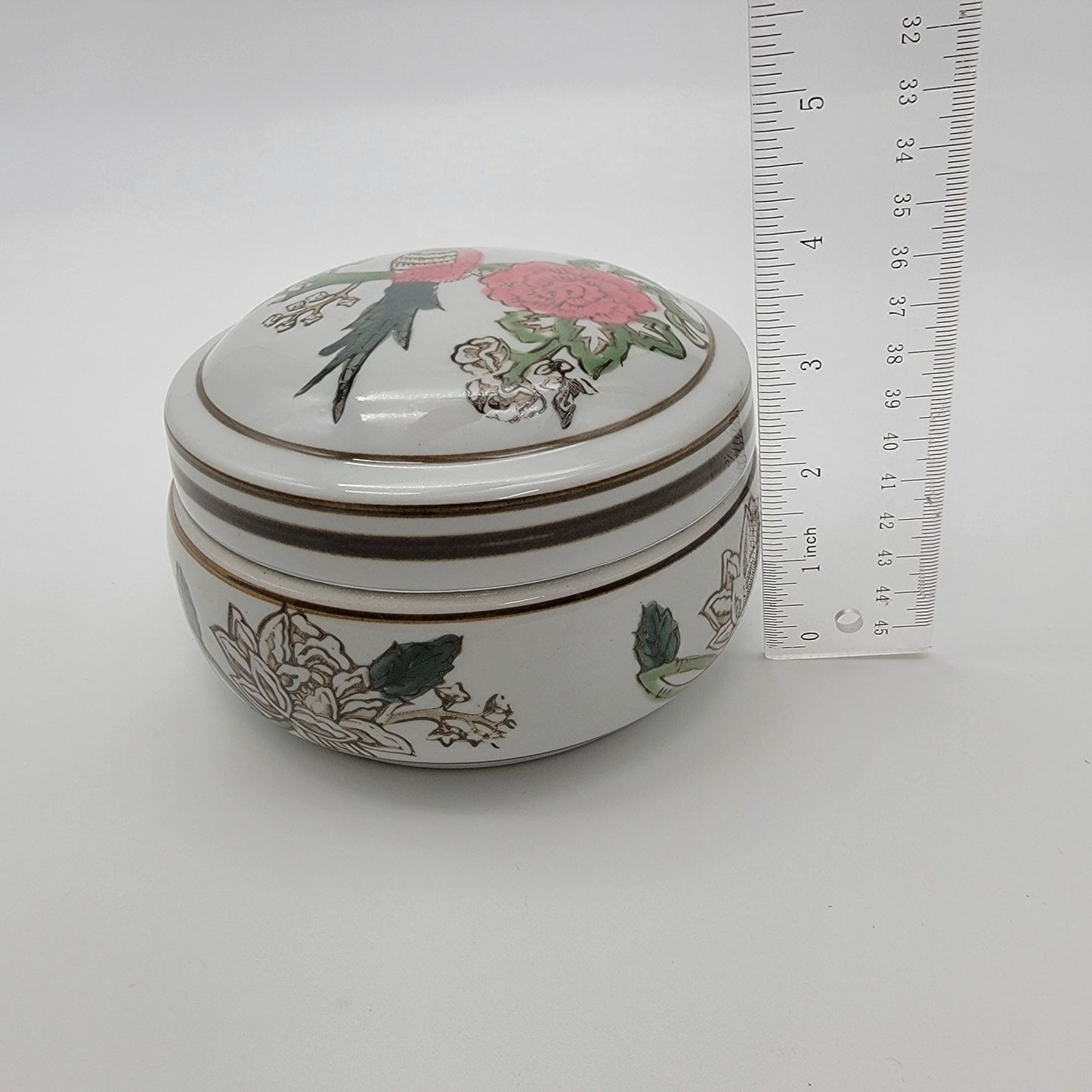 Chinoisorie Style Porcelain Trinket Box Pink Bird NEW